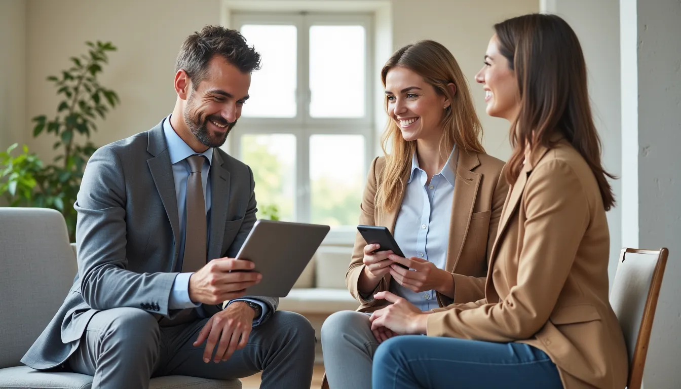 Friendly financial advisor explaining pension plan on tablet to young couple, bright modern office, natural light, trustworthy atmosphere, soft focus background